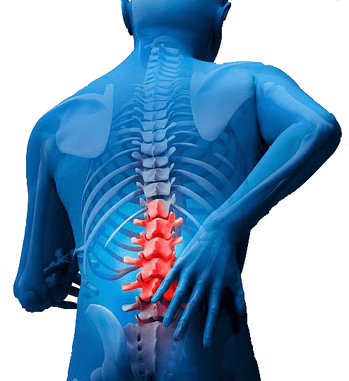 Cartoonish man coloured in blue with spine visible and pain area in red